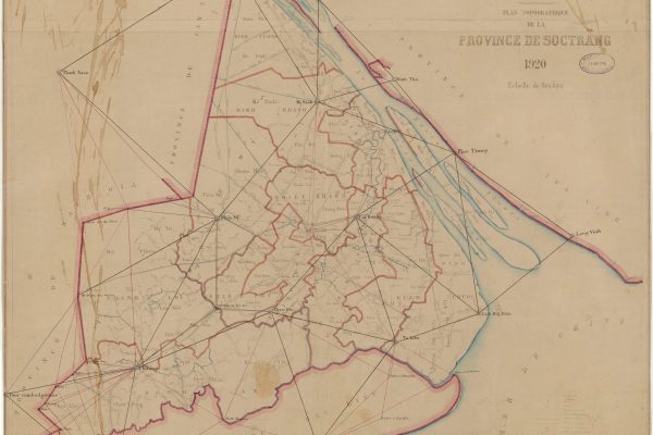 https://gallica.bnf.fr/ark:/12148/btv1b531670965.r=carte%20soctrang%20cochinchine?rk=128756;0
Title :  
Gouvernement de Cochinchine. Service du cadastre. Plan topographique de la province de Soctrang 
Publisher :  
[s.n.] 
Publication date :  
1920 
Subject :  
Soc Trang, Province de 
Type :  
map 
Type :  
image 
Type :  
still image 
Language :  
french 
Language :  
français 
Format :  
1 flle : en coul. ; 70 x 92 cm 
Format :  
image/jpeg 
Format :  
Nombre total de vues : 1 
Description :  
Échelle(s) : 1:100 000 
Rights :  
public domain 
Identifier :  
ark:/12148/btv1b531670965 
Source :  
Bibliothèque nationale de France, département Cartes et plans, GE SH 19 PF 1 QUATER DIV 21 P 134 
Cover :  
Viêt Nam 
Relationship :  
Notice de recueil : http://catalogue.bnf.fr/ark:/12148/cb450129083 
Relation :  
Appartient à : [Division 21 du portefeuille 1 QUATER du Service hydrographique de la marine consacrée à l'Indochine] ; 134 
Relationship :  
http://catalogue.bnf.fr/ark:/12148/cb454470173 
Provenance :  
Bibliothèque nationale de France 
Date of online availability :  
23/12/2018