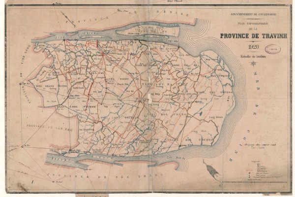 Title : 
    Plan topographique de la province de Travinh / gouvernement de Cochinchine 
Publisher : 
    [s.n.][s.n.] 
Publication date : 
    1920 
Subject : 
    Cochinchine 
Type : 
    map 
Type : 
    image 
Type : 
    still image 
Language : 
    french 
Language : 
    français 
Format : 
    1 flle : en coul. ; 61 x 90 cm 
Format : 
    image/jpeg 
Format : 
    Nombre total de vues : 1 
Description : 
    Échelle(s) : 1:100 000 
Rights : 
    public domain 

https://gallica.bnf.fr/ark:/12148/btv1b53146672v/f1.item.r=COCHINCHINE.zoom