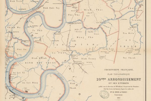 https://gallica.bnf.fr/ark:/12148/btv1b53169711z/f1.item.r=cochinchine

Title : 
    Cochinchine française. Plan topographique. 20eme arrondissement et ses environs / publié sous la direction de M. Boilloux, ... 
Author : 
    Boilloux (18..-19.. ; inspecteur des domaines). Collaborateur 
Publisher : 
    (Paris) 
Publication date : 
    1882 
Subject : 
    Hô Chi Minh-Ville -- Environs 
Type : 
    map 
Type : 
    image 
Type : 
    still image 
Language : 
    french 
Language : 
    français 
Format : 
    2 flles : en 3 coul. ; 67 x 57 cm 
Format : 
    image/jpeg 
Format : 
    Nombre total de vues : 2 
Description : 
    Échelle(s) : 1:20 000 
Rights : 
    public domain 
Identifier : 
    ark:/12148/btv1b53169711z 
Source : 
    Bibliothèque nationale de France, département Cartes et plans, GE SH 19 PF 1 QUATER DIV 21 P 34 
Cover : 
    Viêt Nam 
Relationship : 
    Notice de recueil : http://catalogue.bnf.fr/ark:/12148/cb450129083 
Relationship : 
    Appartient à : [Division 21 du portefeuille 1 QUATER du Service hydrographique de la marine consacrée à l'Indochine] ; 34 
Relationship : 
    http://catalogue.bnf.fr/ark:/12148/cb40717505p 
Provenance : 
    Bibliothèque nationale de France 
Date of online availability : 
    22/10/2018