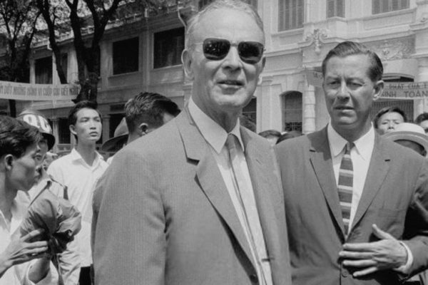 US Army officer and diplomat Maxwell Davenport Taylor (1901 - 1987), the US Ambassador to South Vietnam, at a student protest on the 10th anniversary of the 1954 Geneva accords in Saigon (Ho Chi Minh City) in South Vietnam, July 1964.   (Photo by Nguyen Van Duc/Michael Ochs Archives/Getty Images)
